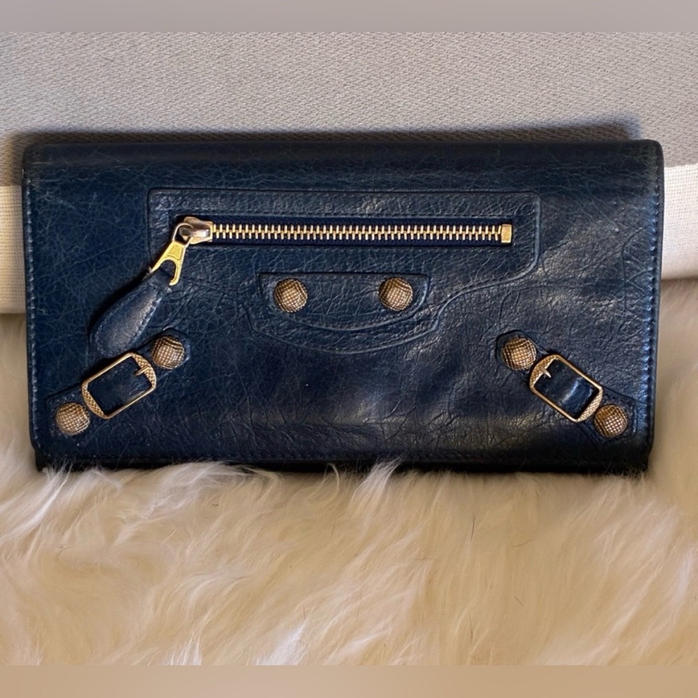 Vintage Balenciaga Classic Money Wallet Bleu Petrol Giant Stud Motocross Leather